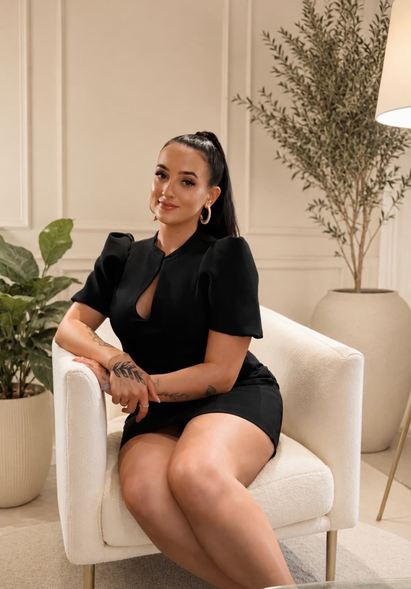 Miranda in a black dress seated in a cream armchair beside an olive tree