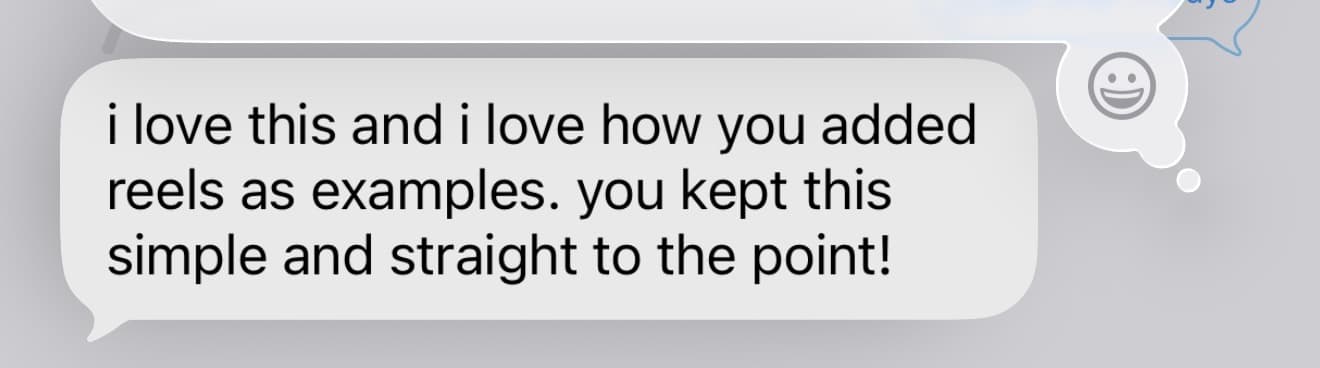 Message screenshot praising the content system for being simple and straight to the point